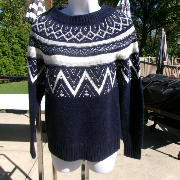 TALBOTS NAVY& WHITE SHETLAND SWEATER XS - Picture 1 of 1